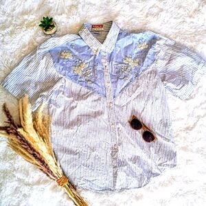 Vintage :: 80s Glam Andrew Sports Embellished Cotton Striped  Shirt Size M